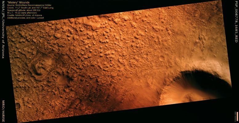 Mistery Mounds (MULTISPECTRUM; credits: Lunexit)
This image was targeted because a previous MGS-MOC image (R1100035) showed an distinctive field of Mounds on the floor of an ancient, large, filled-in Unnamed Crater.

The origin of the Mounds was unclear, so we hoped that a HiRISE image with higher resolution and color would solve the mystery. The HiRISE image shows much more detail on the Mounds and other rough textures, indicating that this is an eroded bedrock surface, perhaps exposed by removal of an overlying layer of fine-grained materials by the wind.
But how did the rocks form, and why did they erode onto Mounds? It could have been lava or impact ejecta or fluvial sediments, perhaps altered and indurated by groundwater. 
The Mounds could be due to how it was deposited — like hummocky Impact Ejecta — or how it was indurated. In other words, we haven't solved the mystery!...

Yet we may get new clues from future images of similar terrains in places where the origin is more interpretable, or from other datasets such as the mineral content determined by CRISM.
Parole chiave: Mars from orbit - Craters - Unnamed Crater with Mounds