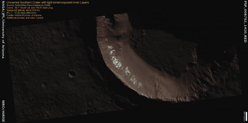 Light-Toned Layers in Crater Wall (MULTISPECTRUM; credits: Lunexit)
This approximately 8 Kilometer-diameter Impact Crater is interesting because of the light-toned band visible in the upper slopes of the Inner Crater Wall.

Because the light-toned materials are confined to a distinct elevation within the Crater, it is possible that it represents a well-defined Layer exposed in the Crater Walls.
Parole chiave: Mars from orbit - Craters - Unnamed Crater with Layers