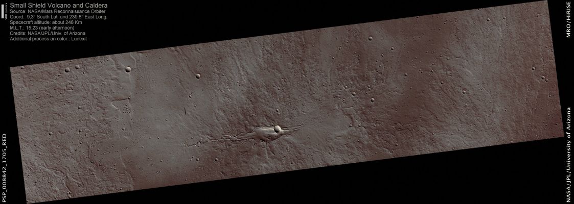 Small Shield-Volcano and Caldera (Enhanced Natural Colors; credits for the additional process. and color.: Dr Paolo C. Fienga - Lunar Explorer Italia)
This image is centered on the vent area of a small shield volcano located within the Summit Caldera of Arsia Mons, the southernmost of the large three Tharsis Montes Volcanoes.

Since the first details of the volcano were revealed by the Viking orbiters 30 years ago, the presence of a string of several small Shield Volcanoes across the Floor of the Caldera has been known. The resolution of the Viking images was insufficient to show more than the mere presence of small Shield Volcanoes and the fact that they appeared to line up along a linear trend across the Floor. And, it was suspected that the small Shield Volcanoes were the source of the lava flows that appeared to cover the floor of the Caldera, but details have been elusive.

This HiRISE image of the central small Shield Volcano on the Caldera Floor shows that there are numerous lava flows radiating from a small summit crater. To the North and South, the lavas have accumulated in lobes, some of which radiate smaller channels and lobes. About midway from the crater, to both left and right of the image, the surface appears very smooth and there are few details visible. Until detailed geologic mapping is done, it is difficult to conclude whether these smooth areas represent distal ponding of lavas that erupted from the summit crater of the small Shield Volcano, lava flows that have invaded from outside the image area at a time later than the formation of the small Shield Volcano, or later deposits of dust and ash that have simply covered the surface.

Whatever the relationships, it is clear that the Floor of the Largest Caldera on Mars is far from a bland surface of old lava flows. Numerous flows and multiple vents have all interacted to create a complex series of surfaces that record the geologic development of the Caldera Floor. 
Parole chiave: Mars from orbit - Volcanoes - Unnamed Shield Volcano