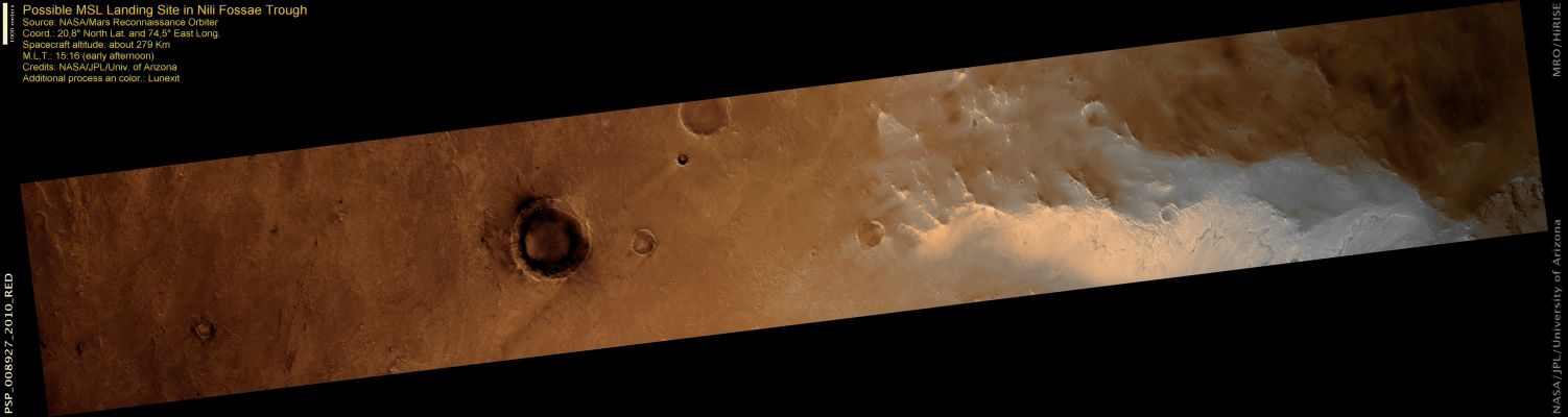 Possible MSL Landing Site in Nili Fossae Trough (natural colors; credits: Lunexit)
Nili Fossae Trough is a linear trough about 25 Km wide, formed in response to the creation of the Isidis Basin.

Nili Fossae has diverse deposits, some containing Phyllosilicates (Clay Deposits which typically form in the presence of water), and others with the minerals Olivine and Pyroxene.

This image is part of a series covering the 25 km Landing Ellipse; they are used to determine the safest possible Landing Site for the Mars Science Laboratory Rover. In this frame, relatively smooth rock exposures is visible, as well as sand ripples and some small knobs. There are few large rocks in the area, while the surface seems to be mostly flat, fractured rock. 
This landscape is located in the South-Eastern part of the Landing Ellipse.
Parole chiave: Mars from orbit - Nili Fossae Trough Region