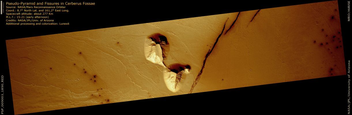 Pseudo-Pyramid and Fissures in Cerberus Fossae (Extremely Enhanced and Saturated Natural Colors; credits for the additional process. and color.: Dr Paolo C. Fienga - Lunexit Team)
This image shows a part of the Cerberus Fossae Region, a system of aligned fissures that lays East of Elysium.

The fissures were probably the source of floods of both water and lava. The most recent event was a massive outpouring of basaltic lava (a fluid-type of lava like that commonly erupted by Kilauea in Hawaii), which produced a host of volcanic features in the Region, as described by Jaeger et al. (2007). 

Here, as at other locations, the fossae appear a dark red in the Lunexit Natural Color image. Dark red tones are usually associated with basaltic rock. The reddish ripples found on the trough floor could be wind-blown sand comprised of fine fragments of basalt. The upper plains are a relatively bland tone, perhaps due to a thin coating of dust; however, impact craters in the image also show reddish boulders and ripples, indicating that they have excavated the same basaltic rock layers cut by the fossae. This is typical of the Region, as floods of lava coat much of the area. 

The mesas of older rock on the left side of the fissures are remnants of a former surface, now eroded. The surrounding Region has many knobs and larger protruding topography, which may be remnants of the same materials. The topmost layer in each mesa is very resistant to weathering, as in places it actually overhangs the lower rocks. This cap layer could be solidified lava, although it appears somewhat bland in color.

Although the mesa is clearly eroded and the cap rock breaks up into boulders, few rocks are visible at the bottom of the slope. The lava plains may have buried the former basal slope, or debris may have been swept away by lava or floodwater, that could also have contributed to eroding the mesa.
Parole chiave: Mars from orbit - Pseudo Pyramid and Fissures - Cerberus Fossae