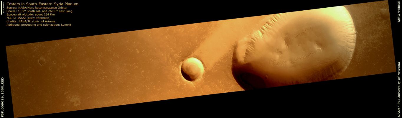 Craters in South-Eastern Syria Planum (natural colors; credits: Lunexit)
This image shows two landforms that appear similar, but are the result of two very different geologic processes.

These two depressions are craters. The smaller, rounder crater formed when an asteroid collided with Mars. This impact blasted out the pre-existing rocks, forming this quasi-circular crater.

The larger, more irregular-shaped crater is a Pit Crater. These types of craters form through collapse of the ground surface into large underground voids. In this Region of Mars, these underground voids are likely caused by the movement of magma (molten rock) through the subsurface. As the magma moves underground, it forces the rock apart and forms large “caverns.” These voids are structurally unstable and can lead to collapse of the overlying rock, forming pit craters at the surface.

Impact Craters are distinguished from Pit Craters by the presence of a raised rim. Rock blasted out during the impact falls back to the ground and accumulates near the crater, forming this raised rim. Upward warping of the ground during the impact process also contributes to the raised appearance of the crater rim. Since Pit Craters form through collapse, their rims are at the same level, or perhaps slightly lower, than surrounding ground surface.

The Impact Crater has a bright streak extending South-East (toward the upper right). The bright material is dust, deposited downwind of the crater by prevailing winds. Zooming into the streak, small bedforms, presumably composed of dust or dust aggregates, are visible. Similar features are seen in other dusty regions of Mars.
Parole chiave: Mars from orbit - Syria Planum Region