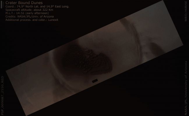 Unnamed Crater with Dunefield in Vastitas Borealis (Absolute Natural Colors; credits for the additional process. and color: Dr Paolo C. Fienga - Lunexit Team)
This North Polar Dunefield is bounded by a small Unnamed Crater about 11 Km in diameter in the Vastitas Borealis Region. This crater captured deposits of basaltic sand that may have been transported from the North Polar Erg, a massive sea of sand that surrounds the Martian North Pole.
This Region experiences a variety of winds that blow from various directions during different seasons and times of day, and the winds are also affected by the topography of the crater itself. This influences the movement of sand within the crater and the dunes that they shape.
This image shows many transitioning dunes which indicate changes of wind direction. The wind direction can be inferred from the location of the steeper side of the dune (called the slip-face) which is downwind of the dominant wind direction. The barchans and barchanoid dunes form crescent shapes and are consistent with dominant winds from the South-West.

Towards the center of the Dunefield, the barchans transition from crescent shapes into irregular, more elongated dunes and merge. 
The more northern part of the Dunefield consists of longitudinal dunes which extend from the horns of the modified barchans residing in its central part. 
These longitudinal dunes form along the trend of southerly-southeasterly winds. 
Because it is early Summer, solar radiation has heated the sand and there are only a few small patches of frost remaining on the dunes at this season. However, evidence of the arctic climate is visible in the polygons surrounding the dune field. 
The polygons, like those found at the Phoenix Mission Landing Site, are produced by freeze-thaw cycles as the polar soil expands and contracts. 
Parole chiave: Mars from orbit - Craters - Unnamed Crater with Dunefield