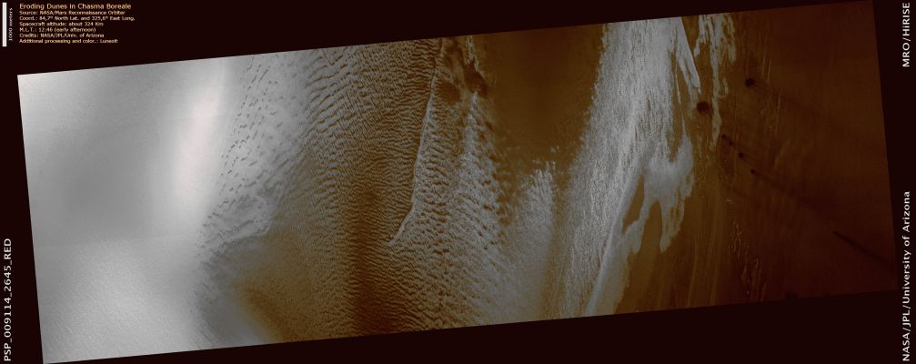 Eroding Dunes in Chasma Boreale (natural colors; credits: Lunexit)
Sand moves along a planetary surface by a process scientists call “saltation”, whereby the individual grains are driven by the wind and bounce forward in short hops. In a process that is not yet completely understood, sheets of saltating sand grains organize themselves into sand dunes, visible in this image as the dark features.

Sand dunes move by having the wind push sand grains up and over the top of the dune where they then slide down to the base. The steep side of the dune that the sand grains slide down is called "slip-face" and it is the constant transport of sand from the downwind side of the dune to the "slip-face" that makes the dune move forward in this direction. HiRISE data allow us to see which side of these dunes has the steeper slope (such as the aforementioned "slip-face"), telling us what direction the dune — and strong near surface winds — are moving.

Yet something else is also happening to these particular dunes. Dark streaks lead away from the dunes toward the lower left of the image. These streaks are caused by sand grains being blown off the dunes and saltating away. This is not ordinarily a cause for concern because in a stable dune, individual grains are constantly added and removed; however, there does not appear to be any influx of sand upwind of these dunes, so they are probably being eroded.

It is also interesting that these streaks do not point in the same direction as the "slip-face". One possible scenario is that the dunes migrated Westward when sand supply was more plentiful. Today, the wind direction has shifted, blowing more toward the South-West, and the influx of new sand has ceased, such that in the future, the dunes will completely erode away. Repeated HiRISE observations will be able to look for changes in the shape and size of these dunes.
Parole chiave: Mars from orbit - Chasma Boreale