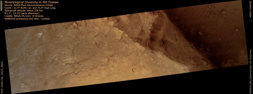 Mineralogical Diversity in Nili Fossae (ctx frame - natural colors; credits: Lunexit)
There is evidence of phyllosilicate material (clays) throughout this Nili Fossae Region. The evidence comes from the OMEGA experiment on the European Space Agency’s Mars Express Spacecraft and CRISM on the Mars Reconnaissance Orbiter, Infrared Spectrometers that can identify minerals on the surface of Mars.
In the Nili Fossae Region, the spectrometers have found remarkable diversity in surface composition. Because of the evidence for clays and other interesting geology, Nili Fossae is also being considered as a Landing Site for the Mars Science Laboratory Rover.

HiRISE has targeted several places where OMEGA and CRISM show extreme diversity, with this being one example. In this specific area, low-calcium pyroxene (LCP) materials are adjacent to these clays. 
The cracked terrain areas evident at the highest resolution - see the next edm frame - provide clues to the sequence of events which occurred in Nili Fossae.
Parole chiave: Mars from orbit - Nili Fossae Trough Region