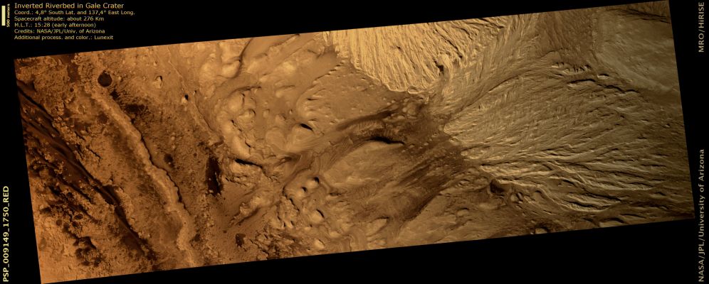 Inverted Riverbed in Gale Crater (False Colors; credits: Lunexit)
Gale Crater is a large, approximately 152 Km-diameter impact crater that lies near the Martian Equator. Contained within the crater is a massive central mound of layered material. With an average vertical thickness of almost 4 Km (about 2,4 miles), the Gale Crater Layered Deposits are twice as thick as the layers exposed along the Grand Canyon on Earth. Shown here is a portion of the mound with an inverted fluvial or river channel. 
Topographic inversion occurs when sediments are cemented together, forming a harder layer that is resistant to later erosion. This later erosion has preferentially removed material outside the channel, leaving the former riverbed exposed as a ridge — such as a topographic high. 
This inverted channel was originally detected by scientists using Mars Orbiter Camera (MOC) images onboard the Mars Global Surveyor Spacecraft.

Color variations visible in this image are mostly due to variable amounts of loose dark sediment that has accumulated unevenly across the scene.
Parole chiave: Mars from orbit - Craters - Gale Crater