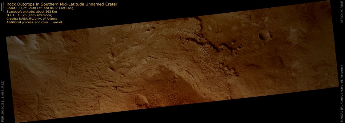 Rock Outcrops in Southern Mid-Latitude Crater (natural colors; credits: Lunexit)
This image shows part of the floor of a large Impact Crater in the Southern Hemisphere. The crater lies at the edge of the Hellas Impact Basin; although it is roughly 50 Km across, it is dwarfed by the giant Hellas structure, which has seen a varied and interesting geologic history. 
This image captures a diverse range of rocks on the Crater Floor. A small cliff running across the middle of the image marks the edge of one rock unit, but variations in tone or texture in the northern part of the image suggest a varied history of deposition. Exposures of light, intermediate and dark materials may correspond to different types of deposition, or perhaps alteration after the rocks were laid down. Some units appear rich in boulders, suggesting that they are breaking up into blocks, while at other sites there are thin layers. 
This diversity indicates a varied geologic history. Hellas Basin is a low Region, and may have once held lakes or seas where sediments could have been deposited. 
This site is also just west of Hadriaca Patera, an old volcano. Sediment could also have been deposited by wind, or in streams on the surface. Unraveling the history of the region will require many images to illustrate the diversity of rocks and map out where they occur.
Parole chiave: Mars from orbit - Craters - Rock Outcrops inside an Unnamed Suthern Crater
