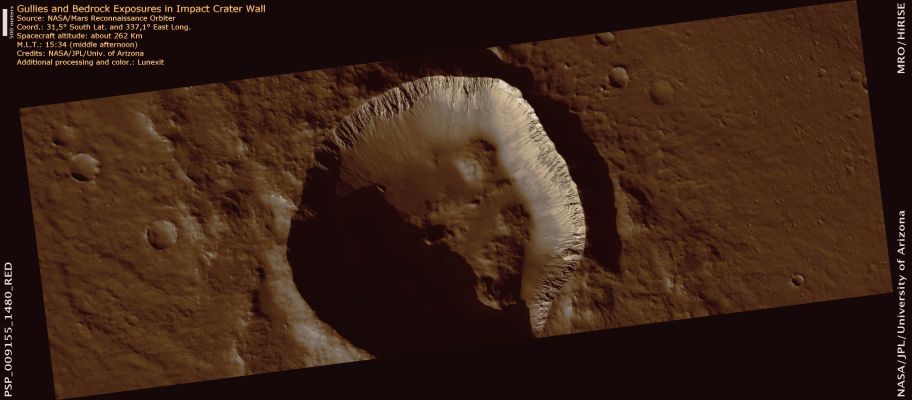 Gullies and Bedrock Exposures in Impact Crater Wall (natural colors; credits: Lunexit)
This image shows a rather pristine crater with Gullies and Bedrock Exposures. The Gullies are mostly on the South-Facing (such as the Poleward facing) wall. Some of the gully channels are very sharp, indicating that they have not been modified much since they formed.
Other channels criss-cross each other, demonstrating that there were multiple periods of activity. Scientists do not know how closely these were spaced in time. 

The South and East walls of the Crater (upper right of the frame) have very distinct bright layers. These layers are possibly Ancient Bedrock. These walls also have what appear to be bright Landslides.
Parole chiave: Mars from orbit - Craters - Unnamed Crater with Gullies and exposed Bedrock