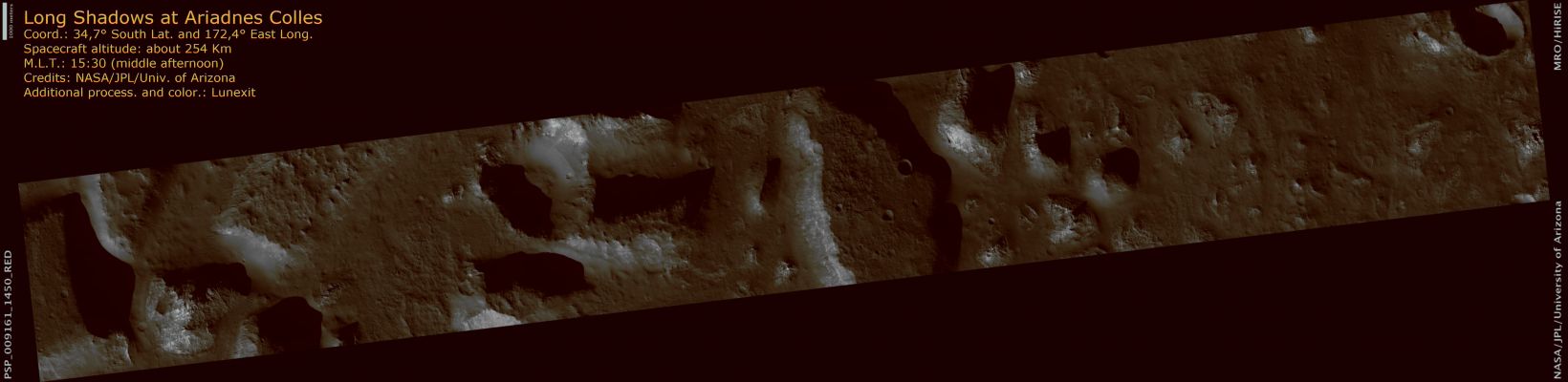 Long Shadows over Ariadnes Colles (ctx frame- natural colors; credits: Lunexit)
Ariadnes Colles is a labyrinth-like cluster of hills, mesas and knobs located near Terra Cimmeria, in the Southern Highlands of Mars. 

This image, which covers a portion of that labyrinth, was acquired only a few Soles away from Winter Solstice. 
Winter Solstice occurs in the shortest Sol of the year, when the Sun travels the lowest in the Martian sky, making shadows appear very long. These conditions are ideal to analyze modest relief features, that would pass unnoticed when illuminated from above but are highlighted when illuminated from the side.
Parole chiave: Mars from orbit - Ariadnes Colles Region