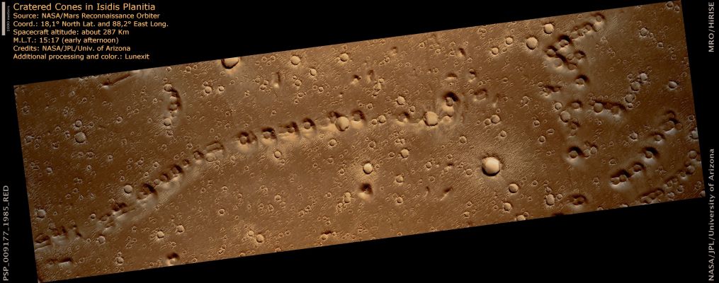 Cratered Cones in Isidis Planitia (natural colors; credits: Lunexit)
This image shows part of a broad field of cratered cones in the Isidis Planitia region of Mars. The cones occur over a wide area and are commonly aligned in chains, like those here. 

The cratered-cone morphology suggests formation by eruption of some material. The cones resemble small volcanoes on Earth called cinder cones, and are approximately the same size. Another possibility is that these are mud volcanoes, formed by eruption of wet, pressurized mud. This has been suggested as an important process in some parts of Mars. The aligned chains probably indicate sites of weakness, perhaps faults, where lava or mud could preferentially rise. 

The scene is relatively bland in color, but this could be due to a thin coating of dust veiling color differences. The cones are clearly not very young or pristine; they have a battered, pitted appearance. However, they have not been heavily eroded, as features like the cone rims are still sharp in most cases. This state is typical of the cones in Isidis region.



Parole chiave: Mars from orbit - Isidis Planitia Region - Cratered Cones