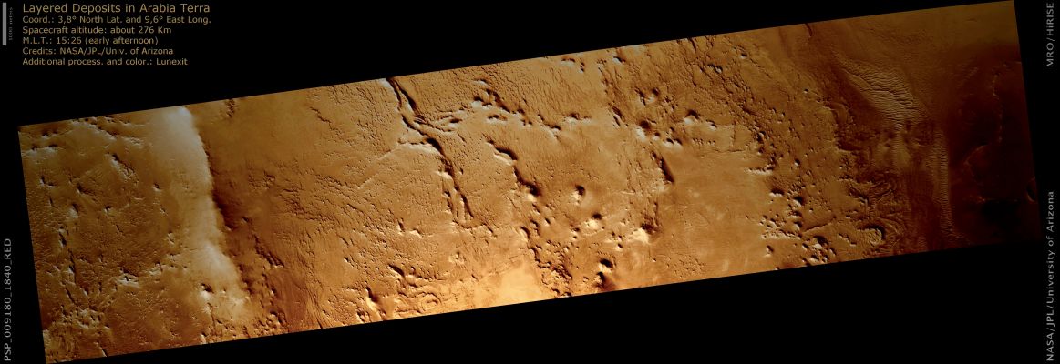 Layered Deposits within Unnamed Crater in Arabia Terra  (natural colors; credits: Lunexit)
Arabia Terra is an area of Mars that has an abundance of Layered Deposits within Impact Craters.
The Region of Arabia has plateau material that is thought to be part of the ancient highland crust that is Noachian in age according to Martian timescale. Thus, the layered deposits may represent some of the earliest eroded and infilled materials on Mars. 
In this Unnamed Crater, we see layering exposed along the margins of a scarp-like bench.
The layering is of particular interest because on Earth, they may represent multiple sequences of deposited material or some geologic process (subaerial or subaqueous) that has modified and/or deposited material on the surface in some constant fashion. 
If the layered sequences are consistently the same, we can infer that the conditions of their deposition were the same for some period of time. If the layers changed in some way (e.g., thickens and thins), then we can infer that some condition(s) caused this to happen. 
From these observations and analyses, scientists can attempt to quantify and reconstruct what the ancient conditions were like in this Region of Mars.
Parole chiave: Mars from orbit - Craters - Unnamed Crater with Layered Deposits in Arabia Terra Region