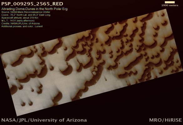 Abrading Dunes in the North Polar Erg (natural colors; credits: Lunexit)
This location is where Mars Global Surveyor (a.k.a.: MGS) saw evidence of dunes that either shrank or completely disappeared over a span of a few years. HiRISE provides new details at higher resolution.
As seen here, the dunes show clear evidence of erosion. 
Based on the shape of the dunes in this picture, the strongest winds have blown from the upper right (South-East) to lower left (North-West). 
Streamers of dark sand are visible on the white, frost-covered surface downwind of the dunes. This is particularly prominent at the “horns” of the barchan dunes (these are the dunes with the prominent points at their edges). 

Scientists believe these dunes are cemented, by ice, such that the wind is progressively eroding them over time. Future observations by HiRISE will determine if the dunes shrink as indicated by MGS, or maybe even migrate, over time.
Parole chiave: Mars from orbit - North Polar Features - Erg (or Sea of Dunes)