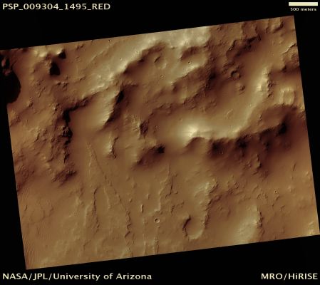 Smooth Hills (possible True Colors; credits: Lunar Explorer Italia)
Mars Local Time: 15:31 (middle afternoon)
Coord. (centered): 30,2° South Lat. and 227,9° East Long.
Spacecraft altitude: 253,6 Km (such as about 158,5 miles) 
Original image scale range: 50,7 cm/pixel (with 1 x 1 binning) so objects ~1,52 mt across are resolved 
Map projected scale: 50 cm/pixel 
Map projection: EQUIRECTANGULAR 
Emission Angle: 0,3° 
Phase Angle: 74,9° 
Solar Incidence Angle: 75° (meaning that the Sun is about 15° above the Local Horizon)
Solar Longitude: 101,7° (Northern Summer)
Credits: NASA/JPL/University of Arizona
Additional process. and coloring: Lunar Explorer Italia
Parole chiave: Mars from orbit - Hilly Terrain