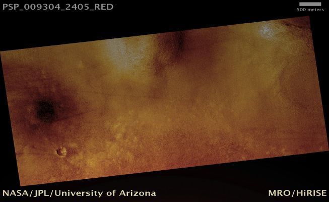 Rocky Terrain in the Northern Plains (possible True Colors; credits: Lunar Explorer Italia)
Mars Local Time: 15:07 (early afternoon)
Coord. (centered): 60,0° North Lat. and 214,8° East Long.
Spacecraft altitude: 311,3 Km (such as about 194,5 miles) 
Original image scale range: 31,1 cm/pixel (with 1 x 1 binning) so objects ~93 cm across are resolved 
Map projected scale: 25 cm/pixel 
Map projection: EQUIRECTANGULAR 
Emission Angle: 0,3° 
Phase Angle: 47,9° 
Solar Incidence Angle: 48° (meaning that the Sun is about 42° above the Local Horizon)
Solar Longitude: 101,7° (Northern Summer)
Credits: NASA/JPL/University of Arizona
Additional process. and coloring: Lunar Explorer Italia
Parole chiave: Mars from orbit - Northern Plains