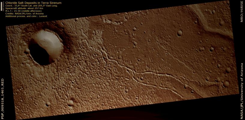 Chloride Salt Deposits within a Channel in Terra Sirenum (ctx frame - natural colors; credits: Lunexit)
This image shows a series of knobs, channels and inverted channels in the ancient Southern Highlands of Mars.
The inverted channels, which now appear as sinuous ridges, are filled with a fractured light-toned material that is also apparent in the knobs and nearby bedrock. Previous analyses of the infrared data from TES and THEMIS of similar materials in Terra Sirenum and elsewhere on Mars suggest that these light-toned materials are deposits of chloride salts such as Sodium Chloride (ordinary rock salt).

Salt deposits are key targets in the search for ancient life on Mars, because they represent places where bodies of liquid water may have ponded and evaporated. 
The salt forms an ideal setting in which to preserve signs of biological activity. The clear association of the salt with the sinuous channels visible here suggests that the material was precipitated from brines that once flowed through these channels. 
The fractured surface of the deposits is consistent with cracking by desiccation (rapid drying) of the thick salts as they were deposited.
Parole chiave: Mars from orbit - Terra Sirenum Region
