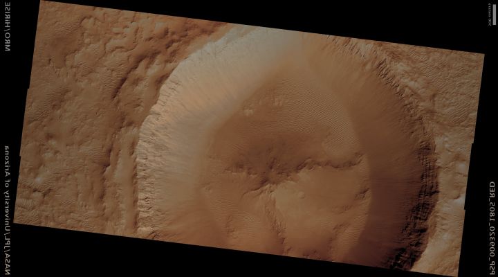 Layering in Crater Wall (natural colors; credits: Lunar Explorer Italia)
Mars Local Time: 15:26 (early afternoon)
Coord. (centered): 0,3° North Lat. and 147,2° East Long.
Spacecraft altitude: 273,0 Km (such as about 170,6 miles) 
Original image scale range: 27,3 cm/pixel (with 1 x 1 binning) so objects ~54,6 cm across are resolved 
Map projected scale: 25 cm/pixel 
Map projection: EQUIRECTANGULAR 
Emission Angle: 1,9° 
Phase Angle: 53,9°
Solar Incidence Angle: 55° (meaning that the Sun is about 35° above the Local Horizon)
Solar Longitude: 102,2° (Northern Summer)
Credits: NASA/JPL/University of Arizona
Additional process. and coloring: Lunar Explorer Italia
Parole chiave: Mars from orbit - Craters - Unnamed Crater with Layering