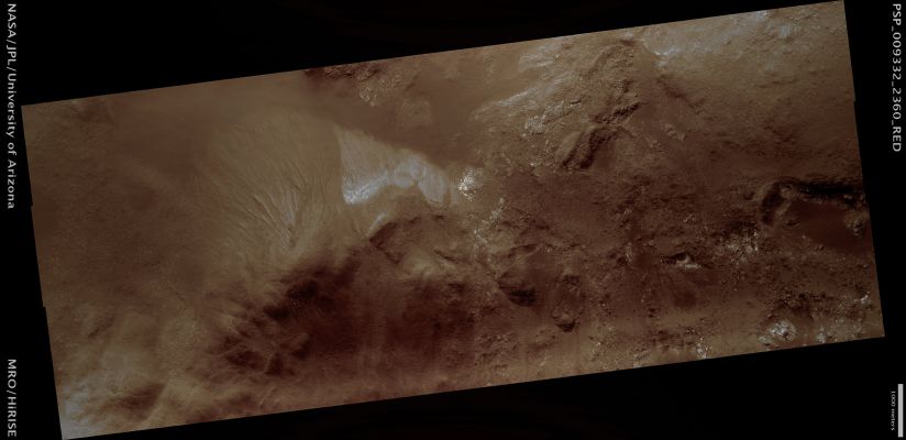 Central Structure within an Unnamed Crater in the Northern Plains (possible True Colors; credits: Lunar Explorer Italia)
Mars Local Time: 15:10 (early afternoon)
Coord. (centered): 55,6° North Lat. and 171,4° East Long.
Spacecraft altitude: 312,3 Km (such as about 195,2 miles) 
Original image scale range: 31,2 cm/pixel (with 1 x 1 binning) so objects ~62,5 cm across are resolved 
Map projected scale: 25 cm/pixel 
Map projection: EQUIRECTANGULAR 
Emission Angle: 0,3° 
Phase Angle: 46,5°
Solar Incidence Angle: 46° (meaning that the Sun is about 44° above the Local Horizon)
Solar Longitude: 102,7° (Northern Summer)
Credits: NASA/JPL/University of Arizona
Additional process. and coloring: Lunar Explorer Italia
Parole chiave: Mars from orbit - Craters - Unnamed Crater in the Northern Plains