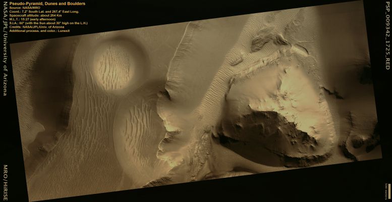 Pseudo-Pyramid, Dunes, Boulders and Other Misteries...
Un frame in apparenza di scarso interesse per gli Anomaly Hunters (ma ricco di suggestione per i Cultori delle Scienze Planetarie, con tutte le Surface Features da erosione eolica e da fluidi che mostra), sembra essersi rivelato - dopo un'analisi approfondita svolta usando la sua versione in JP2 - come un'autentica "Fucina di Anomalìe e Singolarità".

Fra le svariate Anomalìe individuabili nel frame, abbiamo deciso di investigarne due: la prima, suggeritaci dalla nostra Amica Elisabetta Bonora - e che ha già suscitato grandi interessi nei Forum di mezzo mondo, a cominciare da quello dei nostri Amici Americani di "AboveTopSecret") -, è rinvenibile in una Surface Feature che, ancora una volta, sembra mostrare ai nostri occhi, avidi di Mistero e di Immaginazione, un Monolito (davvero molto simile a quello di "2001 Odissea nello Spazio").

La seconda, invece, individuata dal nostro Marco Faccin, pare mostrare ai Terrestri il "volto" (si fa per dire...) di una bizzarra e, per certi versi, inquietante Forma Vitale Indigena.

Osservate e giudicate Voi stessi...
Parole chiave: Mars from orbit - Peri-Equatorial Surface Features