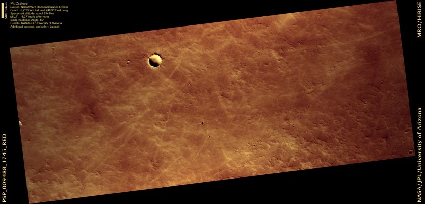 Martian Caves (ctx frame - possible natural colors; credits: Lunexit)
Pit Craters exist in Volcanic Regions across Mars, and form when surface materials collapse into large underground cavities. Such pits are generally bowl-shaped, filled with sediment, and are relatively shallow when compared with their diameters.

Recently, a small number of anomalous Pit Craters were identified with strikingly different visible and thermal characteristics such as: sheer cliff walls; deep interiors that can extend out-of-sight beneath the surface and temperature fluctuations that behave unlike any known feature on Mars.
Parole chiave: Mars from orbit - Collapse Pit - Peri-equatorial Region