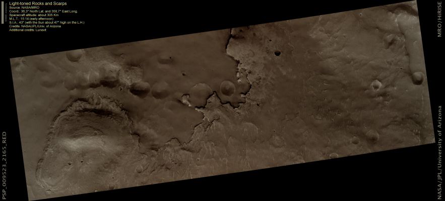 Light-Toned Rock and Scarps (Natural Colors; credits: Lunexit)
nessun commento
Parole chiave: Mars from orbit - Scarps