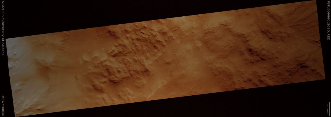 West Olympus Mons (Extremely Saturated Natural Colors; credits for the additional process. and color.: Dr Paolo C. Fienga - Lunar Explorer Italia)
Mars Local Time: 15:25 (early afternoon)
Coord. (centered): 21,5° North Lat. and 221,9° East Long.
Spacecraft altitude: 280,3 Km (such as about 175,2 miles) 
Original image scale range: 28,0 cm/pixel (with 1 x 1 binning) so objects ~56,1 cm across are resolved 
Map projected scale: 25 cm/pixel 
Map projection: EQUIRECTANGULAR 
Emission Angle: 0,4° 
Phase Angle: 47,5°
Solar Incidence Angle: 47° (meaning that the Sun is about 43° above the Local Horizon)
Solar Longitude: 114,3° (Northern Summer)
Credits: NASA/JPL/University of Arizona
Additional process. and coloring: Lunar Explorer Italia
Parole chiave: Mars from orbit - Volcanoes - West Flank of the Olympus Mons