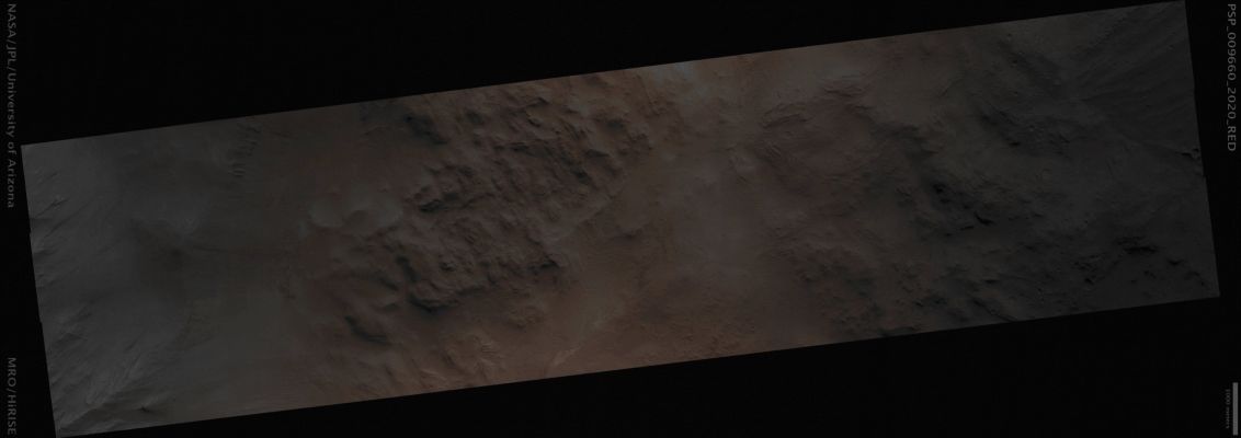 West Olympus Mons (Absolute Natural Colors; credits for the additional process. and color.: Dr Paolo C. Fienga - Lunar Explorer Italia) 
Mars Local Time: 15:25 (early afternoon)
Coord. (centered): 21,5° North Lat. and 221,9° East Long.
Spacecraft altitude: 280,3 Km (such as about 175,2 miles) 
Original image scale range: 28,0 cm/pixel (with 1 x 1 binning) so objects ~56,1 cm across are resolved 
Map projected scale: 25 cm/pixel 
Map projection: EQUIRECTANGULAR 
Emission Angle: 0,4° 
Phase Angle: 47,5°
Solar Incidence Angle: 47° (meaning that the Sun is about 43° above the Local Horizon)
Solar Longitude: 114,3° (Northern Summer)
Credits: NASA/JPL/University of Arizona
Additional process. and coloring: Dr Paolo C. Fienga - Lunar Explorer Italia 
Parole chiave: Mars from orbit - Volcanoes - Olympus Mons