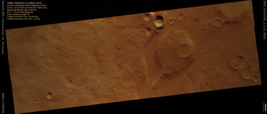 Valley Network in Arabia Terra (Saturated and Enhanced Natural Colors; credits for the additional process. and color.: Dr Paolo C. Fienga - Lunexit Team)
The central portion of this image includes a portion of a Valley Network in Arabia Terra. In lower resolution images, this meander (a bend in a valley) appeared discontinuous - hence its selection as a target for HiRISE. However, at HiRISE resolution the valley is visible throughout its course. 

This is a mid-latitude scene where ground ice is believed to be stable relatively near the surface today. The mottled terrain visible throughout the image could be a sublimation texture. Sublimation occurs when ice goes directly to the gas phase. 
When this happens, the space beneath the subsurface that the ice previously occupied is now empty, allowing the remaining surface to collapse and form the observed texture. 
Several of the craters in this scene have flattened appearances, which may have resulted from ice-rich material being driven by gravity into the crater centers.
Parole chiave: Mars from orbit - Arabia Terra Region