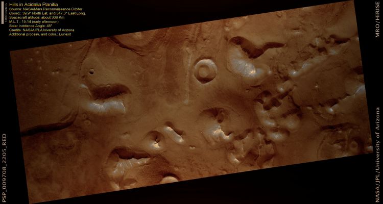 Hills in Acidalia Planitia (CTX Frame - Enhanced and Darkened Natural Colors; credits for the additional process. and color.: Dr Paolo C. Fienga - Lunexit Team)
The hilly landscape visible in this observation may appear at first rather bleak, due to the pervasive soils of uniform brightness blanketing most of the area. 
However, upon closer examination, the image reveals rocky outcrops at the top of some of the hills. 

These rocks contain clues pointing to a watery past.
Parole chiave: Mars from orbit - Acidalia Planitia Region