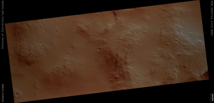 Periequatorial Surface Sample (natural colors; credits: Lunar Explorer Italia)
Mars Local Time: 15:31 (middle afternoon)
Coord. (centered): 7,5° South Lat. and 191,3° East Long.
Spacecraft altitude: 265,0 Km (such as about 165,6 miles) 
Original image scale range: 26,5 cm/pixel (with 1 x 1 binning) so objects ~80 cm across are resolved 
Map projected scale: 25 cm/pixel 
Map projection: EQUIRECTANGULAR 
Emission Angle: 0,1° 
Phase Angle: 59,8°
Solar Incidence Angle: 60° (meaning that the Sun is about 30° above the Local Horizon)
Solar Longitude: 116,2° (Northern Summer)
Credits: NASA/JPL/University of Arizona
Additional process. and coloring: Lunar Explorer Italia
Parole chiave: Mars from orbit - Peri-Equatorial Surface Sample
