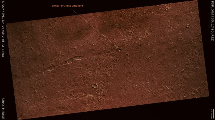 Possible Skylight Near Arsia Mons (possible True Colors; credits: Lunar Explorer Italia)
Mars Local Time: 15:29 (early afternoon)
Coord. (centered): 2,1° South Lat. and 237,8° East Long.
Spacecraft altitude: 159,8 Km (such as about 162,4 miles) 
Original image scale range: 26 cm/pixel (with 1 x 1 binning) so objects ~78 cm across are resolved 
Map projected scale: 25 cm/pixel
Map projection: EQUIRECTANGULAR 
Emission Angle: 5,4° 
Phase Angle: 61,0°
Solar Incidence Angle: 57° (meaning that the Sun is about 33° above the Local Horizon)
Solar Longitude: 118,1° (Northern Summer)
Credits: NASA/JPL/University of Arizona
Additional process. and coloring: Lunar Explorer Italia

Nota Lunexit: "Skylight" ----> curiosa, ma bella, espressione NASA che indica un pozzo da collasso a camino verticale.
Parole chiave: Mars from orbit - Collapse Features - Pit