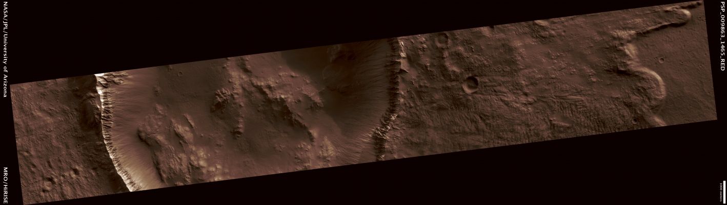 Potentially Well-Preserved Flow-Ejecta Crater in Northeastern Hellas Planitia (possible True Colors; credits: Lunar Explorer Italia)
Mars Local Time: 15:38 (middle afternoon)
Coord. (centered): 33,2° South Lat. and 86,6° East Long.
Spacecraft altitude: 255,2 Km (such as about 159,5 miles) 
Original image scale range: 51,1 cm/pixel (with 1 x 1 binning) so objects ~1,53 mt across are resolved 
Map projected scale: 50 cm/pixel
Map projection: EQUIRECTANGULAR 
Emission Angle: 1,9° 
Phase Angle: 76,9°
Solar Incidence Angle: 75° (meaning that the Sun is about 15° above the Local Horizon)
Solar Longitude: 121,6° (Northern Summer)
Credits: NASA/JPL/University of Arizona
Additional process. and coloring: Lunar Explorer Italia
Parole chiave: Mars from orbit - Craters - nmn