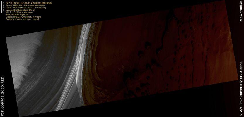 North Polar Layered Deposits (NPLD) and Dunes in Chasma Boreale (natural colors; credits: Lunexit)
This image shows a steep, layered slope and flatter, dune-covered plains in Mars’ North Polar Region. The layers are composed of varying contents of water ice and dust.

On Earth, icy layers like these in Greenland and Antarctica are important because they contain a record of past climate conditions. By looking at the detailed sequence of Polar Layers on Mars, scientists hope to be able to discover the types of variations that Mars’ climate may have experienced. 

The lowest section in the stack of light layers is noticeably darker because of the presence of dark, sandy material. Erosion of this dark material is thought to provide the sand making up the large dunes on the plains.

Several exceptionally well-developed barchan (crescent-shaped) dune forms up to approximately 50 meters (160 feet) across are present in the center of the image.
Parole chiave: Mars from orbit - North Polar Features - NPLD and Dunes