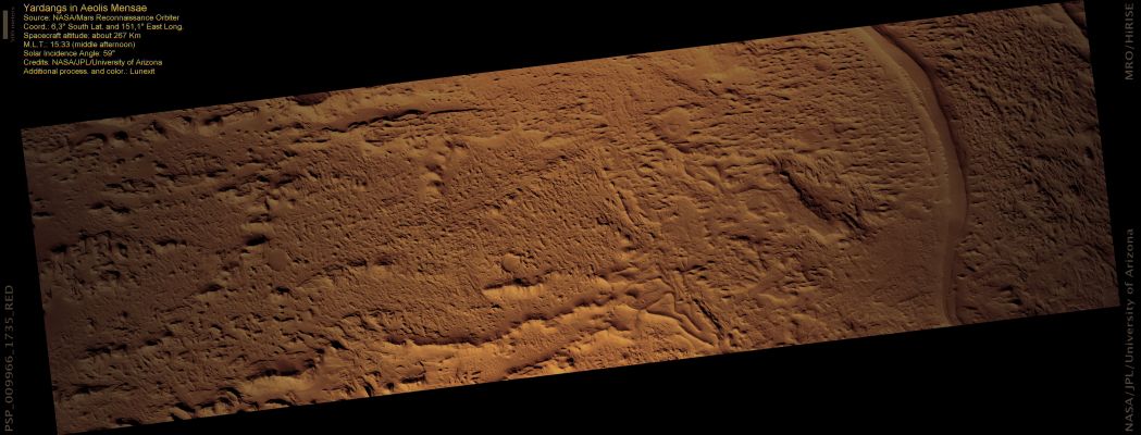 Inverted Channels and Yardangs in Aeolis Mensae (ctx frame - natural colors; credits: Lunexit)
This image shows wind-eroded Layered Deposits in Aeolis Mensae. Aeolis Mensae is located close to the Volcanic Region of Elysium Planitia and near the boundary of the high-standing, heavily cratered Southern Hemisphere and the low, sparsely-cratered plains that cover most of the Northern Hemisphere of Mars.

Parole chiave: Mars from orbit - Inverted Channels and Yardangs - Eolis Mensa Region