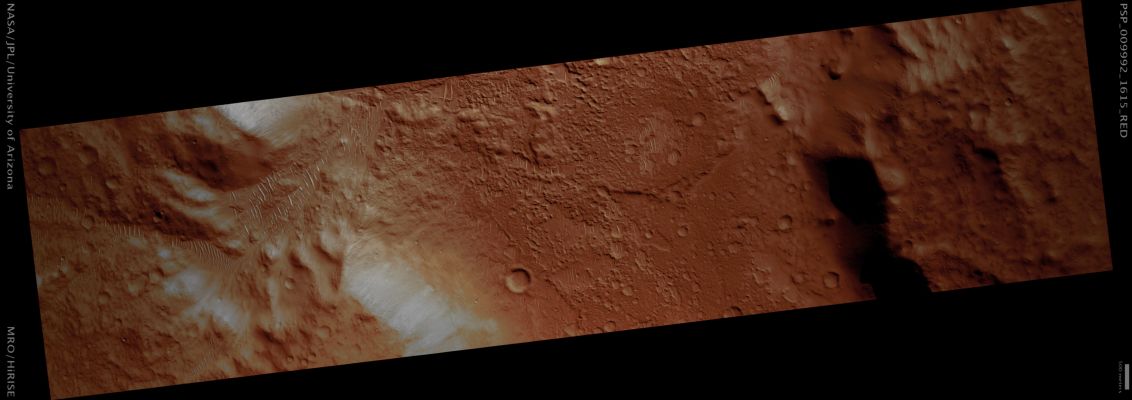 Al-Qahira Vallis (possible True Colors; credits: Lunar Explorer Italia)
Mars Local Time: 15:36 (middle afternoon)
Coord. (centered): 18,2° South Lat. and 162,9° East Long.
Spacecraft altitude: 260,7 Km (such as about 162,9 miles) 
Original image scale range: 52,2 cm/pixel (with 1 x 1 binning) so objects ~1,56 mt across are resolved 
Map projected scale: 50 cm/pixel
Map projection: EQUIRECTANGULAR 
Emission Angle: 0,2° 
Phase Angle: 65,6°
Solar Incidence Angle: 65° (meaning that the Sun is about 25° above the Local Horizon)
Solar Longitude: 126,4° (Northern Summer)
Credits: NASA/JPL/University of Arizona
Additional process. and coloring: Lunar Explorer Italia
Parole chiave: Mars from orbit - Al-Qahira Vallis