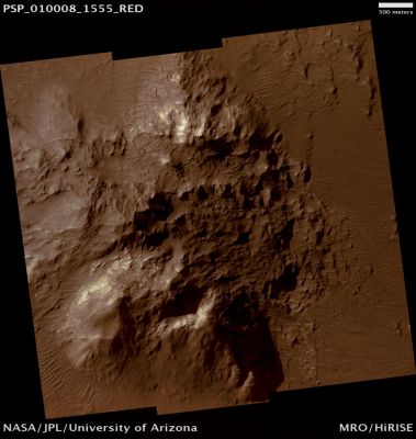 Central Uplift of Unnamed Crater in Terra Tyrrhena (possible True Colors; credits: Lunar Explorer Italia)
Mars Local Time: 15:41 (middle afternoon)
Coord. (centered): 24,4° South Lat. and 87,5° East Long.
Spacecraft altitude: 259,4 Km (such as about 162,1 miles) 
Original image scale range: 25,9 cm/pixel (with 1 x 1 binning) so objects ~1,04 mt across are resolved 
Map projected scale: 25 cm/pixel
Map projection: EQUIRECTANGULAR 
Emission Angle: 7,8° 
Phase Angle: 64,1°
Solar Incidence Angle: 70° (meaning that the Sun is about 20° above the Local Horizon)
Solar Longitude: 127,0° (Northern Summer)
Credits: NASA/JPL/University of Arizona
Additional process. and coloring: Lunar Explorer Italia
Parole chiave: Mars from orbit - Craters - Unnamed Crater in Terra Tyrrhena
