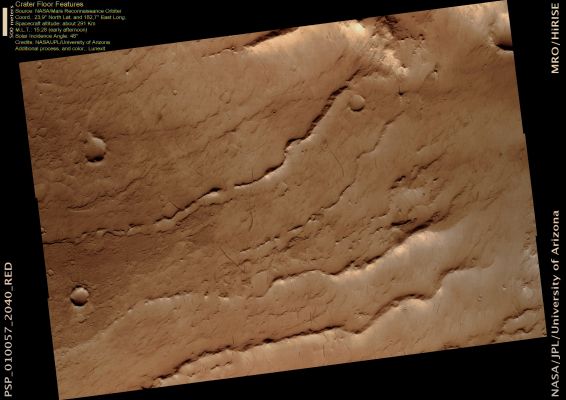 Unnamed Crater with Ridges and DD Tracks (natural colors; credits: Lunexit)
This image shows two features of interest on the floor of a large impact crater. The first is the set of roughly parallel ridges on the crater floor that point towards the crater center north of the image. These may be Inverted Stream Channels, where old streambeds became resistant to erosion due to cementation or simply deposition of large rocks. This is consistent with the slightly wavy, sinuous shape of the ridges, but these examples are not particularly well-preserved. 

More recently, this site has become blanketed by dust, settling out after Global Dust Storms. This obscures much of the fine-scale geology, but allows HiRISE to see the effects of a recent process: Dust Devils. These have left the dark stripes across the surface by disturbing the dust cover. Most followed straight paths, but a few loops or turns are visible. Dust Devils may be an important factor in the Martian climate system because they lift dust into the atmosphere, helping to trigger larger Dust Storms.
Parole chiave: Mars from orbit - Craters - Unnamed Crater with Ridges and