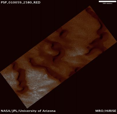 Sample of North Polar Outlier (possible True Colors; credits: Lunar Explorer Italia)
Mars Local Time: 14:46 (early afternoon)
Coord. (centered): 77,9° North Lat. and 113,6° East Long.
Spacecraft altitude: 318,5 Km (such as about 199,1 miles) 
Original image scale range: 31,9 cm/pixel (with 1 x 1 binning) so objects ~96 cm across are resolved 
Map projected scale: 25 cm/pixel
Map projection: EQUIRECTANGULAR 
Emission Angle: 1,7° 
Phase Angle: 60,5°
Solar Incidence Angle: 62° (meaning that the Sun is about 28° above the Local Horizon)
Solar Longitude: 128,9° (Northern Summer)
Credits: NASA/JPL/University of Arizona
Additional process. and coloring: Lunar Explorer Italia
Parole chiave: Mars from orbit - North Polar Features - Dunes and Ice