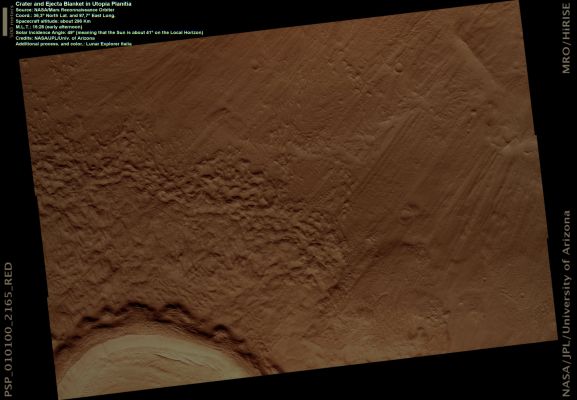 Ejecta Blanket (Natural Colors; credits: Lunar Explorer Italia)
This image of a crater in the Utopian Region can be described as what happens when heat produced from an impact comes into contact with Mars’ icy Surface.

Since the Surface Temperature of Mars is well below the freezing point of water, Mars’ soil is a mixture of soil and permafrost. When this impact occurred, a great deal of energy in the form of heat was released onto the Surface, creating a melted feature in the bright icy soil. This melting and then refreezing of the ice (as the impact cooled) caused what is known as a "Periglacial Formation". This is depicted towards the middle of the image where the Ejecta Blanket lays. 

This is likely a geologically newer surface since the only impacts disrupting the image are a few small craters that are mostly towards the bottom left-hand side of the full image. 
The fact the Ejecta Blanket is still intact and not fully collapsed supports the idea that is it a newer surface feature as it has not been affected by erosional processes.
Parole chiave: Mars from orbit - Craters - Unnamed Crater with Ejecta Blanket