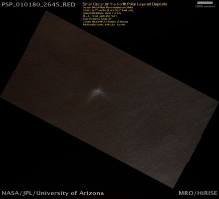 Small and young Impact Crater in the NPLD (ctx frame - natural colors; credits: Lunexit)
This image shows a small impact crater on the bright North Polar Perennial Ice Cap. Mars has Ice Caps at both its North and South Poles. 

The Perennial, or Permanent, portion of the North Polar Cap consists almost entirely of water ice.
Parole chiave: Mars from orbit - Craters - Unnamed Crater in the NPLD