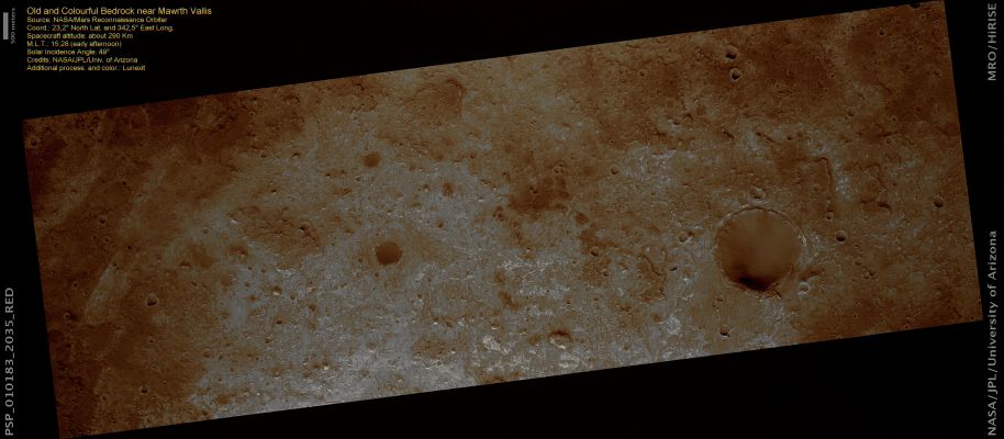 Colourful old Bedrock near Mawrth Vallis (possible True Colors; credits: Lunexit)
This image covers part of a proposed Rover Landing Site in the Mawrth Vallis Region of Mars. 

Polygonal fracture patterns (similar to a tiled floor) are visible on the surfaces of some of these rocks, and yellow/brown ridges protruding from the Surface may be composed of hard minerals or cemented sediments formed when water flowed through fractures in the ancient Bedrock. Dark gray-bluish dunes or ripples of wind-blown sand are also visible on the Surface here.

Elsewhere in the image, exposures of the light-toned rocks in the steep walls of impact craters reveal that these rocks are finely layered, similar to sedimentary rocks on Earth. The orbiting Infrared Spectrometers OMEGA and CRISM have demonstrated that these layered rocks contain Clay (---> argilla/minerali argillosi) minerals, which can only form in the presence of water. 
The different colors of the rocks typically reflect differences in composition, suggesting that multiple styles or episodes of water activity may be recorded in the rock record here.

These characteristics have made Mawrth Vallis a prime candidate Landing Site for future Mars Rover Missions, including NASA’s Mars Science Laboratory due to launch in 2009.
Parole chiave: Mars from orbit - Mawrth Vallis Region