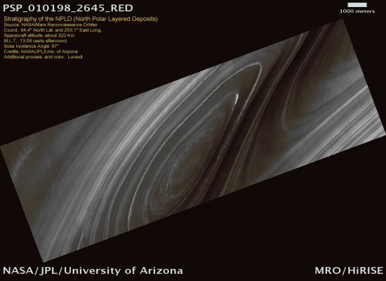 Stratigraphy of the NPLD (possible True Colors; credits: Lunexit)
This image shows an example of layers in the Martian NPLD. These Deposits, part of the Planum Boreum dome, are composed mainly of water ice and small amounts of dust.

The layers within these Deposits are exposed by shallowly-sloping troughs that cut into them. This image is particularly interesting because it crosses complicated trough geometry, making the layers appear curved and exposing multiple stratigraphic levels. 

Note that layers of different thicknesses are visible. Layer thickness is directly related to the accumulation rate of the layer; a higher accumulation rate will lead to a thicker layer. 
However, a myriad of factors work together to influence accumulation rate, such as the amount of Sunlight reaching the Surface and the amount of water vapor existing in the contemporaneous Atmosphere.
Parole chiave: Mars from orbit - North Polar Features - NPLD
