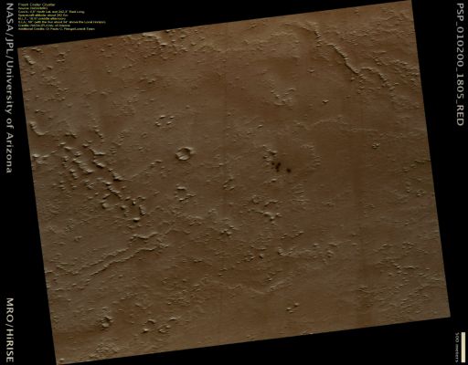 Fresh Crater Cluster (CTX Frame - Natural Colors; credits: Dr Paolo C. Fienga - Lunexit Team)
Although most of the craters HiRISE usually images are ancient, impact cratering is an ongoing process on the Martian Surface.
While very large craters are rare, smaller ones with diameters of a few meters form on timescales rapid enough for Mars missions to confirm the presence of a new crater. Data from the Mars Orbiter Camera (MOC) on the (now defunct) Mars Global Surveyor, the Context Camera (CTX) on MRO, and HiRISE have dated craters to within a few years or even months, based on repeat images that show no craters in the earlier image and craters present in the later image. 

Most of the new craters identified by CTX and HiRISE have been located in Mars' dustiest areas, where a new impact will scour dust from the Surface and reveal darker underlying rock. This color difference makes the craters easier to spot. Other, less dusty areas of Mars are certainly being bombarded as well, but the size of the craters makes them difficult to detect without stark color contrasts. 
Once a new dark spot has been identified by CTX, HiRISE will take a follow-up image to confirm that the dark spots are in fact Impact Craters.
Parole chiave: Mars from orbit - Craters - Fresh Crater Cluster