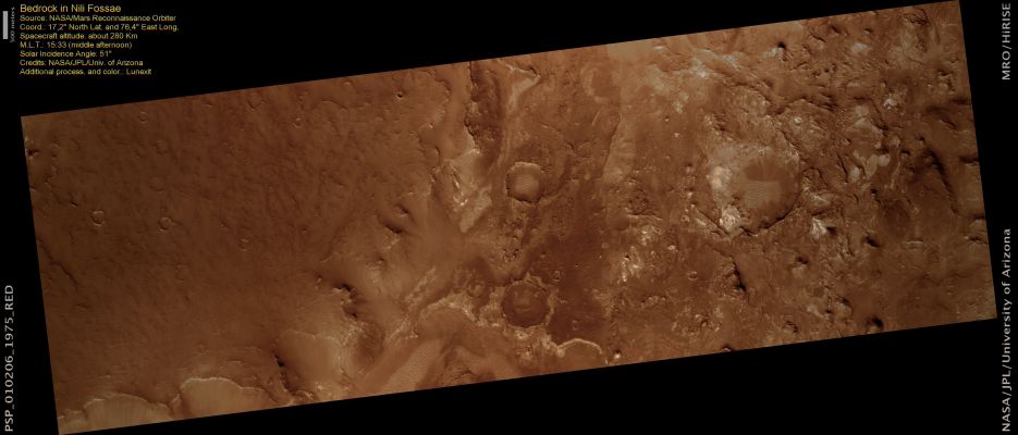Ancient Bedrock and Megabreccia in Nili Fossae region (ctx frame - possible True Colors; credits: Lunexit)
This image captures a record of changing environments on ancient Mars, as recorded in the rock record at Nili Fossae.
In addition to Megabreccia (see the edm that follows), the image shows layered rocks which have been shown by the orbiting spectrometers OMEGA and CRISM to contain Clay minerals. These minerals must have formed in the presence of water, and may have later been transported and deposited here in sedimentary layers. 
Most of the layers appear to overlie the exposures of Megabreccia, but some Megabreccia blocks are themselves internally layered, suggesting that sedimentary processes were active here early in Martian History.

Above the clay-bearing layers is a dark, rough-textured rock unit that was emplaced later. Geologic mapping of the Nili Fossae Region has shown this deposit to be a Lava Flow from the Syrtis Major Volcano to the South. The minerals detected in the Lava Flow suggest that liquid water had become rare on the Martian Surface by the time the flow occurred.
Parole chiave: Mars from orbit - Megabreccia - Nili Fossae Region