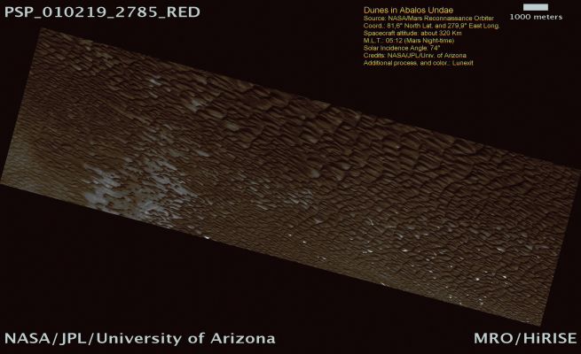 Dunes in Abalos Undae (ctx frame - possible True Colors; credits: Lunexit)
The Abalos Undae Dunefield stretches westward, away from a portion (Abalos Colles) of the ice-rich North Polar Layered Deposits that is separated from the main Planum Boreum dome by two large chasms (---> abissi, crepacci). 
These dunes are special because their sands may have been derived from erosion of the Rupes Tenuis unit (the lowest stratigraphic unit in Planum Boreum, beneath the icier layers) during formation of the chasms. 
Some researchers have argued that these chasms were formed partially by melting of the polar ice.
Parole chiave: Mars from orbit - North Polar Regions - Abalos Undae