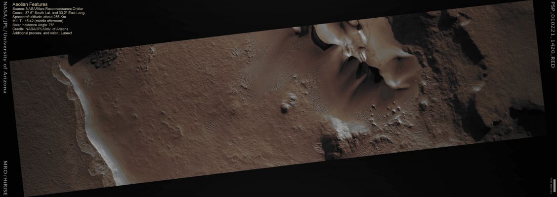Aeolian Features (CTX Frame - Absolute Natural Colors; credits for the additional process. and color.: Dr Paolo C. Fienga - Lunexit Team)
nessun commento
Parole chiave: Mars from orbit - Aeolian Features