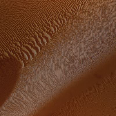 Aeolian Features (EDM - False Colors; credits for the additional process. and color.: Dr Paolo C. Fienga - Lunexit Team)
This image is particularly interesting because of the occurrence of seasonal frost on the South-facing slopes (the image is relevant to the Southern Hemisphere, so South faces the Pole and gets little Winter light). This is particularly apparent in this natural colors view, as the frost forms pale, blue-grey-silver patterns. On the dunes, this highlights some of the regular patterns, as the frost forms only on parts of the ripples. The result is an intricately textured pattern of color.
Parole chiave: Mars from orbit - Aeolian Features