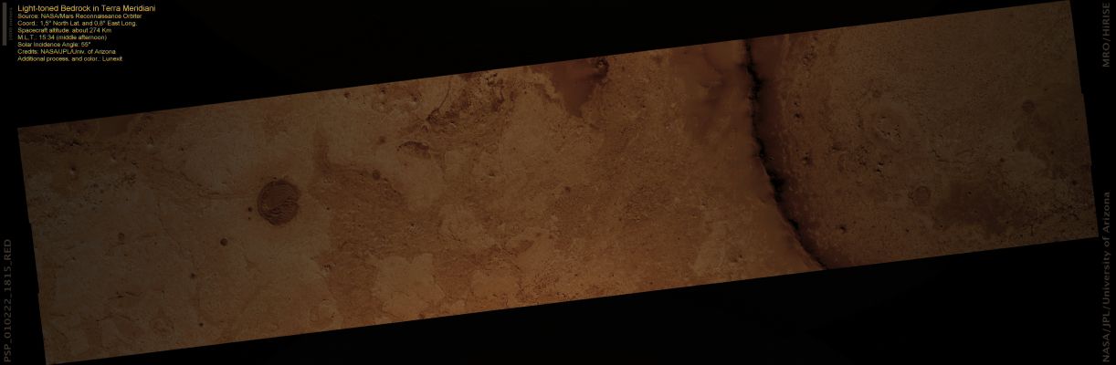 Light-toned Bedrock in Terra Meridiani (possible True Colors; credits: Lunexit)
This observation shows part of a broad expanse of bare rock in Terra Meridiani. This is a large area with abundant sedimentary rocks forming a stack hundreds of meters thick, and now being eroded into a landscape reminiscent of the South-Western United States. 

The timescale involved in depositing and eroding these layers is evident from the remnant impact craters preserved here. The large arc in the image is the rim of one crater; the smaller, circular dark spots are traces of other impacts. Light sediments are found both inside and outside the large crater, indicating that this crater formed during the period of sediment deposition. It is likely that this depression, which was probably more than a kilometer deep when it formed, was completely filled and buried and is now being exhumed. Crater densities are often used to estimate the age of surfaces on Mars, but here the rate of erosion is enough to erase small craters, reducing the apparent age of the surface. These rocks probably date from an early era of Martian History, but no fresh, pristine craters are visible. 
The smaller circular patches are also impact craters seen somewhere in a complex cycle of burial and erosion. They are filled with dark material which probably mantled the region at one point, most likely after all of the light material was deposited. In some places this appears to have been hardened into rock, as in the large dark circle in the north-central part of the image. Material eroded from this hardened mantle may now be forming the ripples seen in many places as it is blown by the wind; the color of the ripples is similar to the slabs of dark mantle. 

At the finest scale, the light sediments are intricately textured. A diverse assortment of fine cracks called joints are visible. The scale and density of these joints varies across the image; this suggests variations in the properties of the rocks. Although the image as a whole is a relatively flat plain, at small scale the surface is intricately rough. The balance between erosion and rock strength has left a surface with many small knobs, mesas, cliffs, and bumpy textures. 

Further evidence for the diversity of rocks here comes from the enhanced color. The dark mantling materials are generally blue in the RGB color image while the sediments are generally pale, but a diverse range of hues indicates variations in the composition (or in the amount of sand and dust trapped on the surface by textures of varying roughness). This helps to highlight layering and shows which rocks are most similar to each other.
Parole chiave: Mars from orbit - Meridiani Planum Region