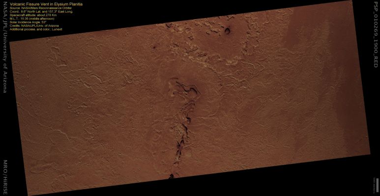 Volcanic Fissure Vent in Elysium Planitia (natural colors; credits: Lunexit)
This observation shows lava-covered plains in the Elysium Planitia region of Mars, located near the equator.

Two distinct lavas are visible in this image. The darker lava to the north (top) is the edge of the youngest major lava flow on Mars; it was fed by a voluminous eruption that coursed through the Athabasca Valles channel system.

The lighter-toned lava that covers the remainder of this image is older and dustier. It has a striped appearance due to slender dunes or ripples composed of windblown materials that are oriented northwest-southeast.

The most prominent feature in this image is the discontinuous line of pits and troughs that cuts across its center. It is an ancient volcanic fissure vent. Lava once erupted through this fracture onto the surface. The irregular depressions around the troughs may either be due to near-vent erosion by the lava or to the ponding and drain-back of the lava around the vent.

Parole chiave: Mars from orbit - Volcanic Features - Elysium Planitia