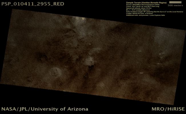 Sample of Terrain in Vastitas Borealis (Natural Colors; credits: Lunar Explorer Italia)
nessun commento
Parole chiave: Mars from orbit - Vastitas Borealis Region