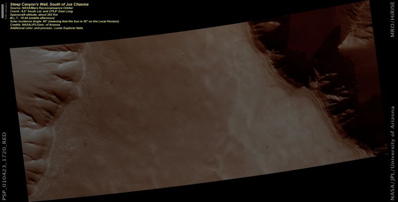Steep Canyon's Wall, South of Jus Chasma (Natural - but enhanced - Colors; credits: Lunar Explorer Italia)
nessun commento
Parole chiave: Mars from orbit - Canyon Wall